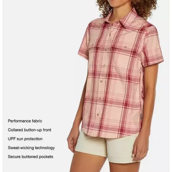 Eddie Bauer Ladies Short Sleeve Adventure Top, Peach Starling Plaid XL - Picture 1 of 16